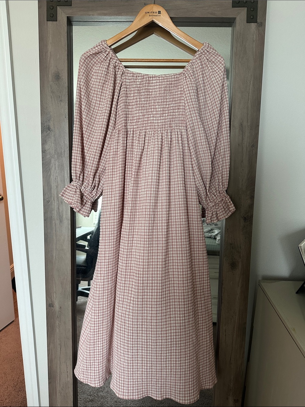 OPI Pink Gingham Smocked Off-Shoulder Midi Dress